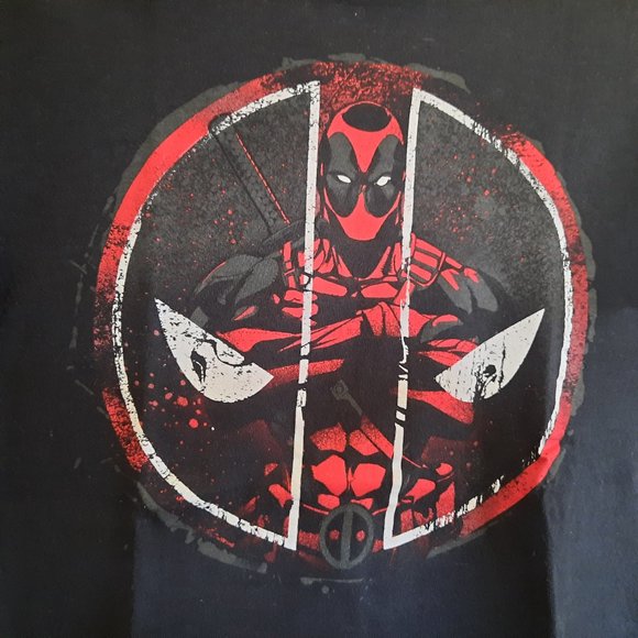 3/$15 MARVEL Deadpool Corss Armed Circle Splatter Distressed Logo Tee - Black, S - Picture 6 of 16